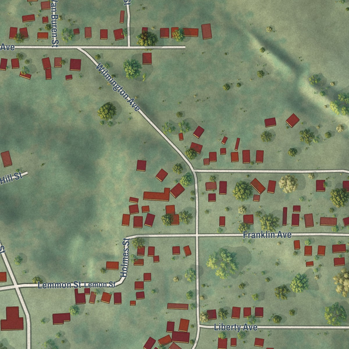 Close-up of the map of Orient, Illinois print showing street and building detail