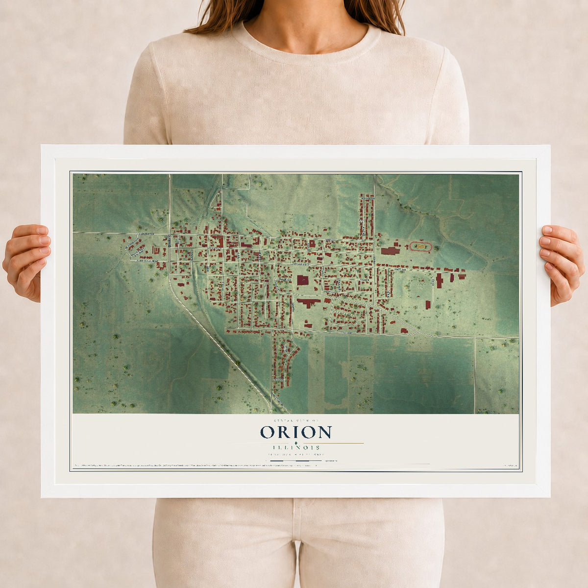 Map of Orion, Illinois, 12 x 18 inch print in a white wood frame