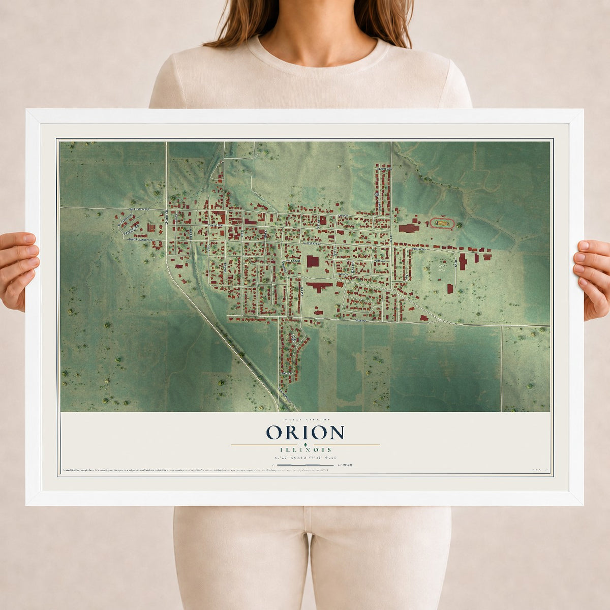 Map of Orion, Illinois, 18 x 24 inch print in a white wood frame