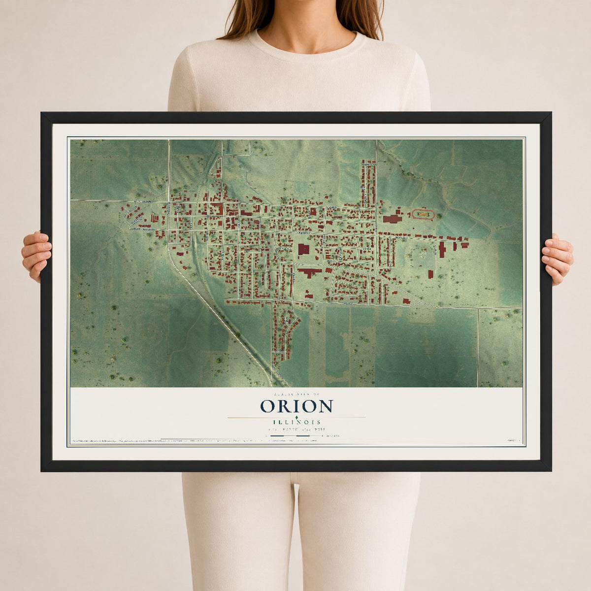 Map of Orion, Illinois, 24 x 36 inch print in a black wood frame