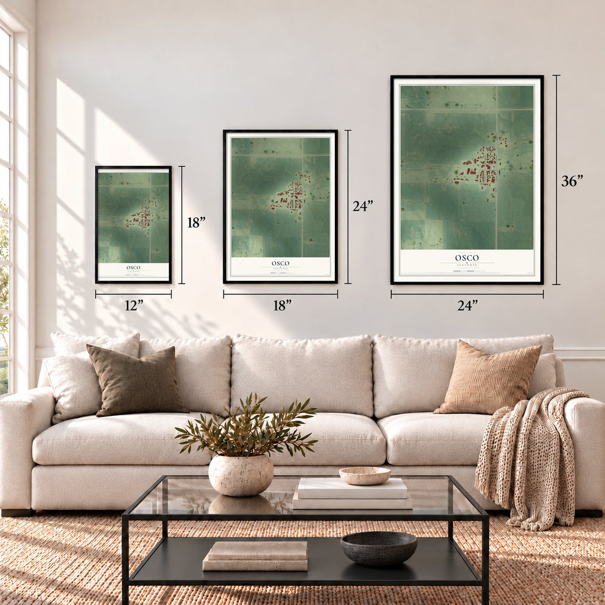 Osco, Illinois map in 12 x 18, 18 x 24 and 24 x 36 inch sizes above a sofa