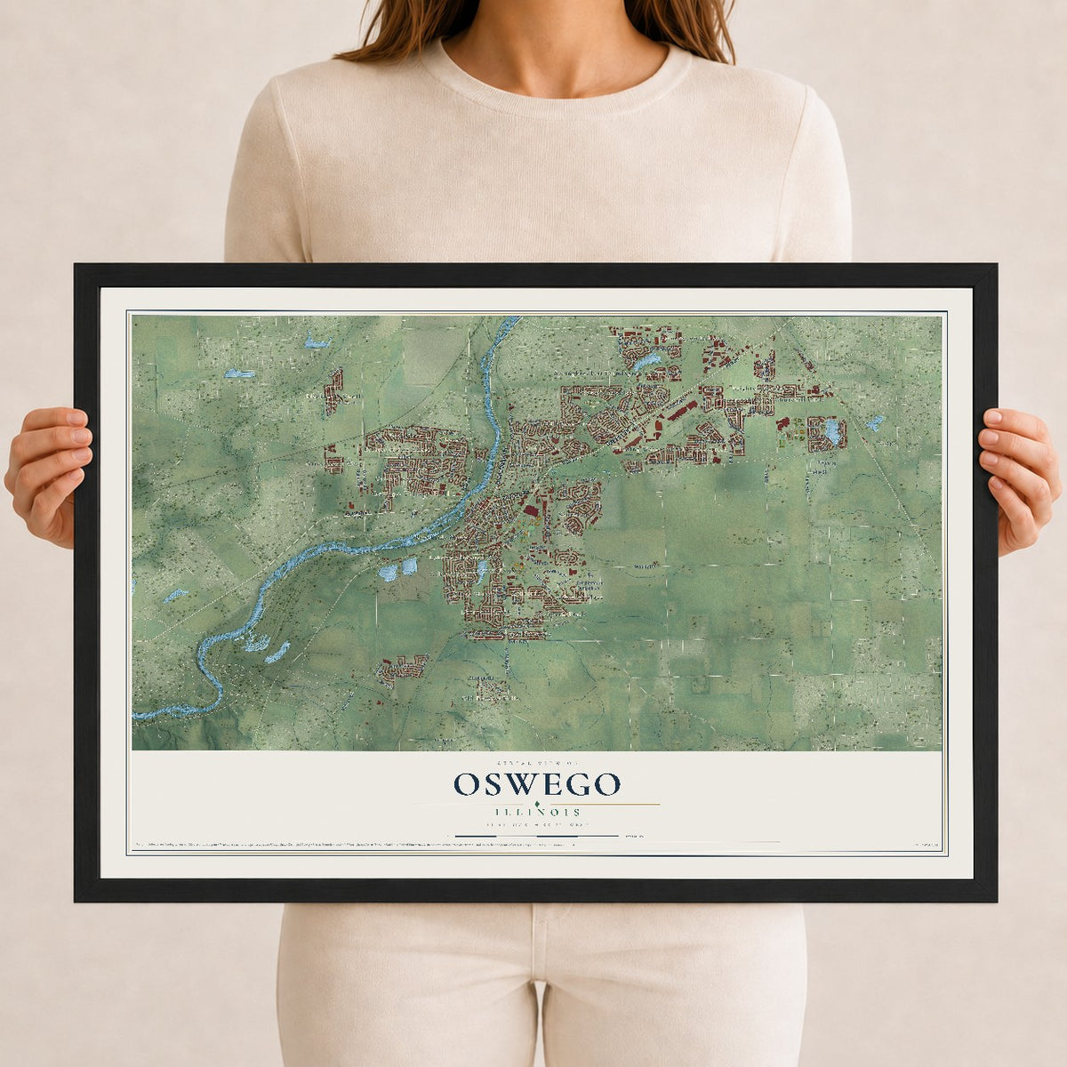 Map of Oswego, Illinois, 12 x 18 inch print in a black wood frame
