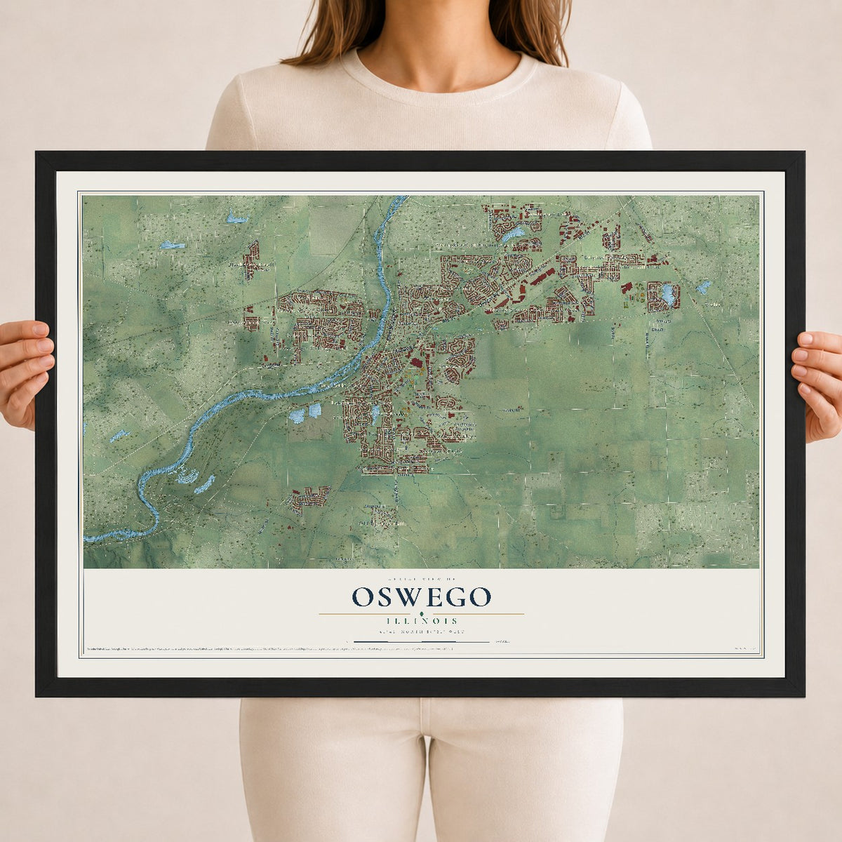 Map of Oswego, Illinois, 18 x 24 inch print in a black wood frame