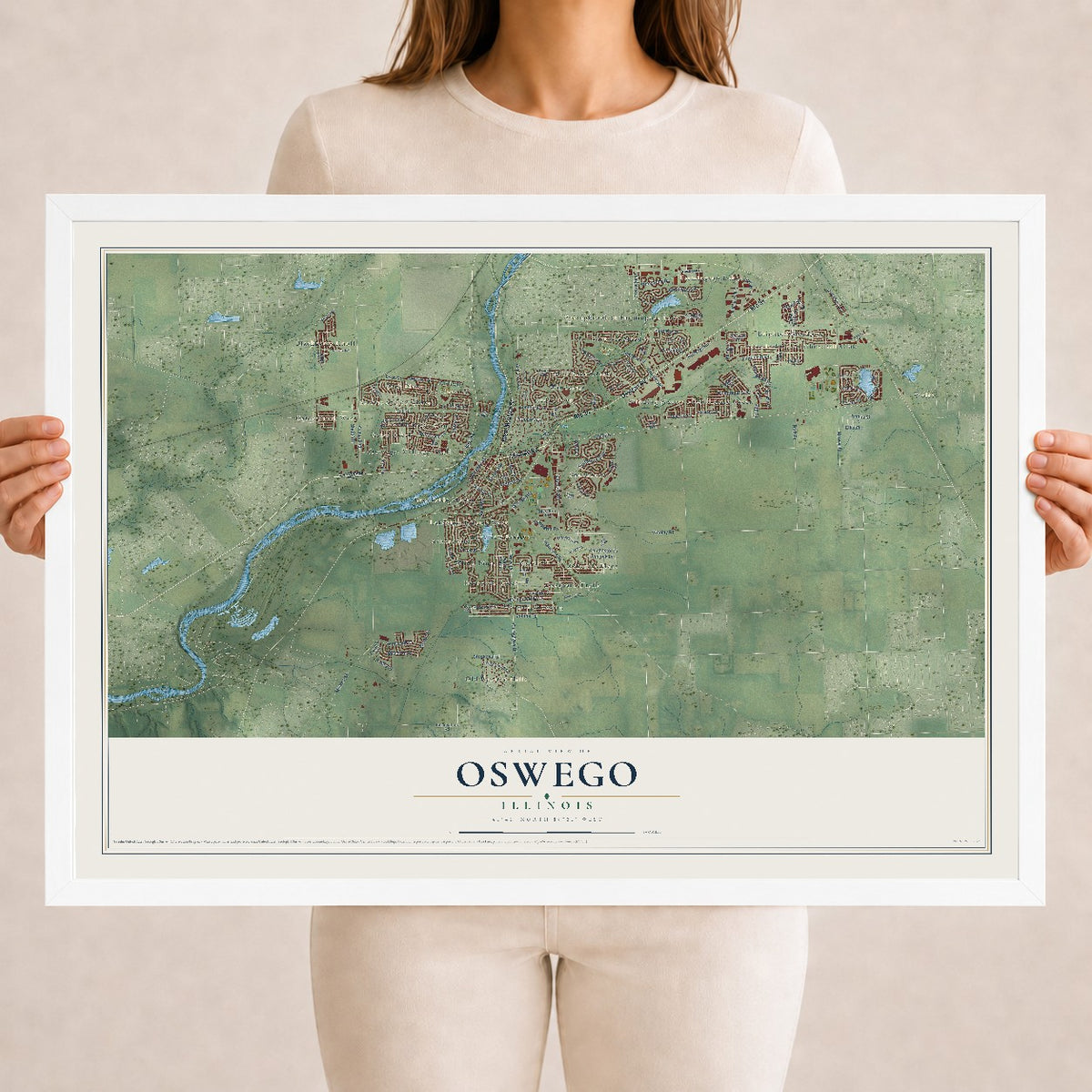 Map of Oswego, Illinois, 18 x 24 inch print in a white wood frame