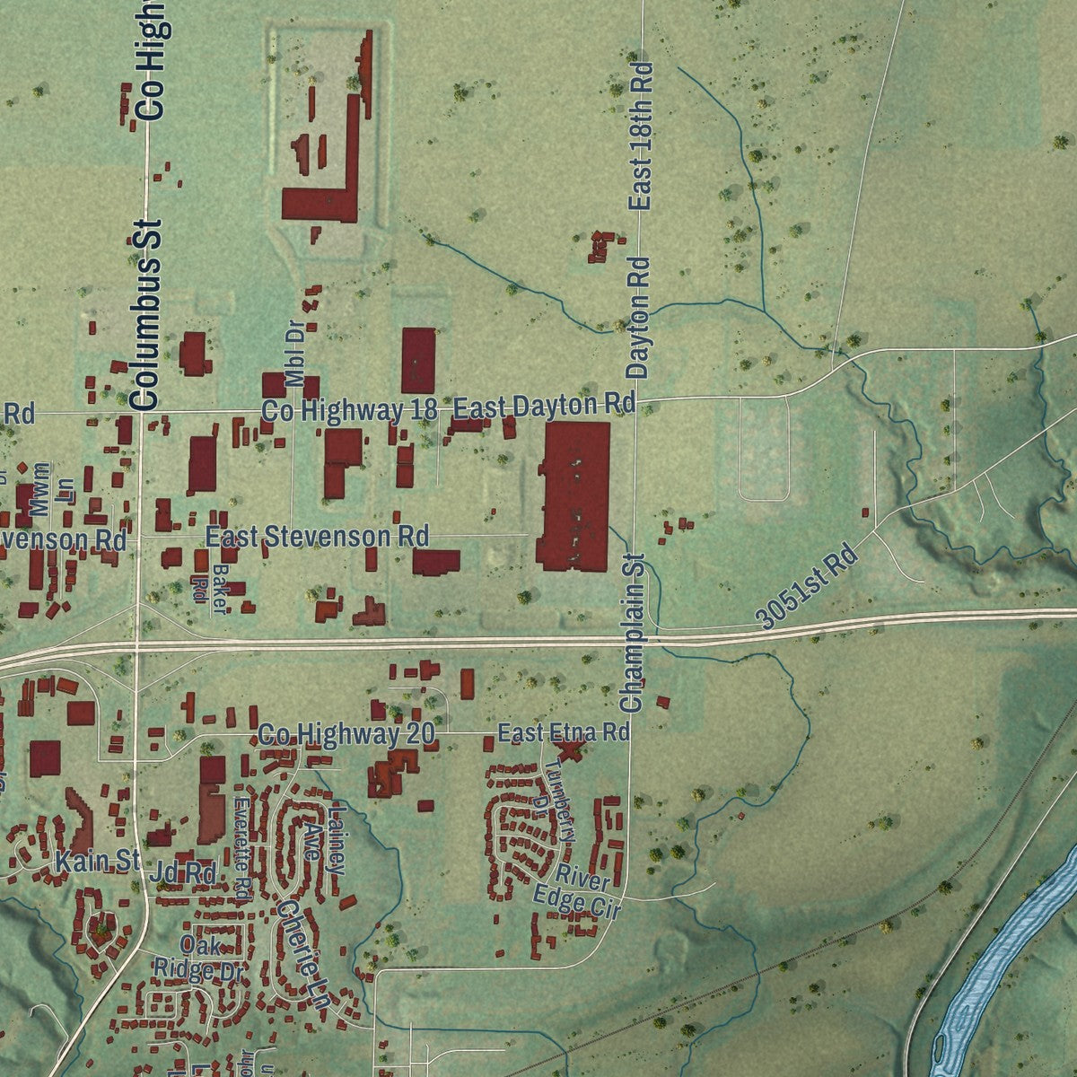 Second close-up of the map of Ottawa, Illinois print showing more streets and buildings