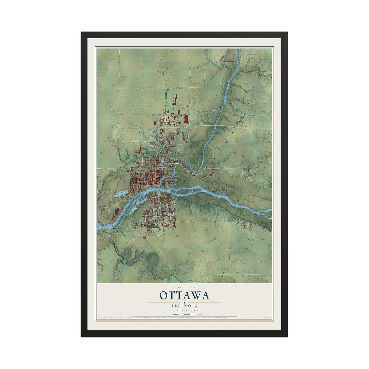 Map of Ottawa, Illinois, 12 x 18 inch print in a black wood frame