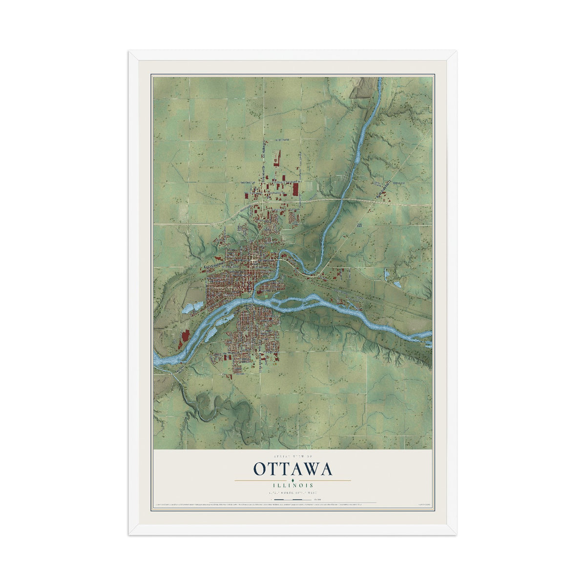 Map of Ottawa, Illinois, 12 x 18 inch print in a white wood frame