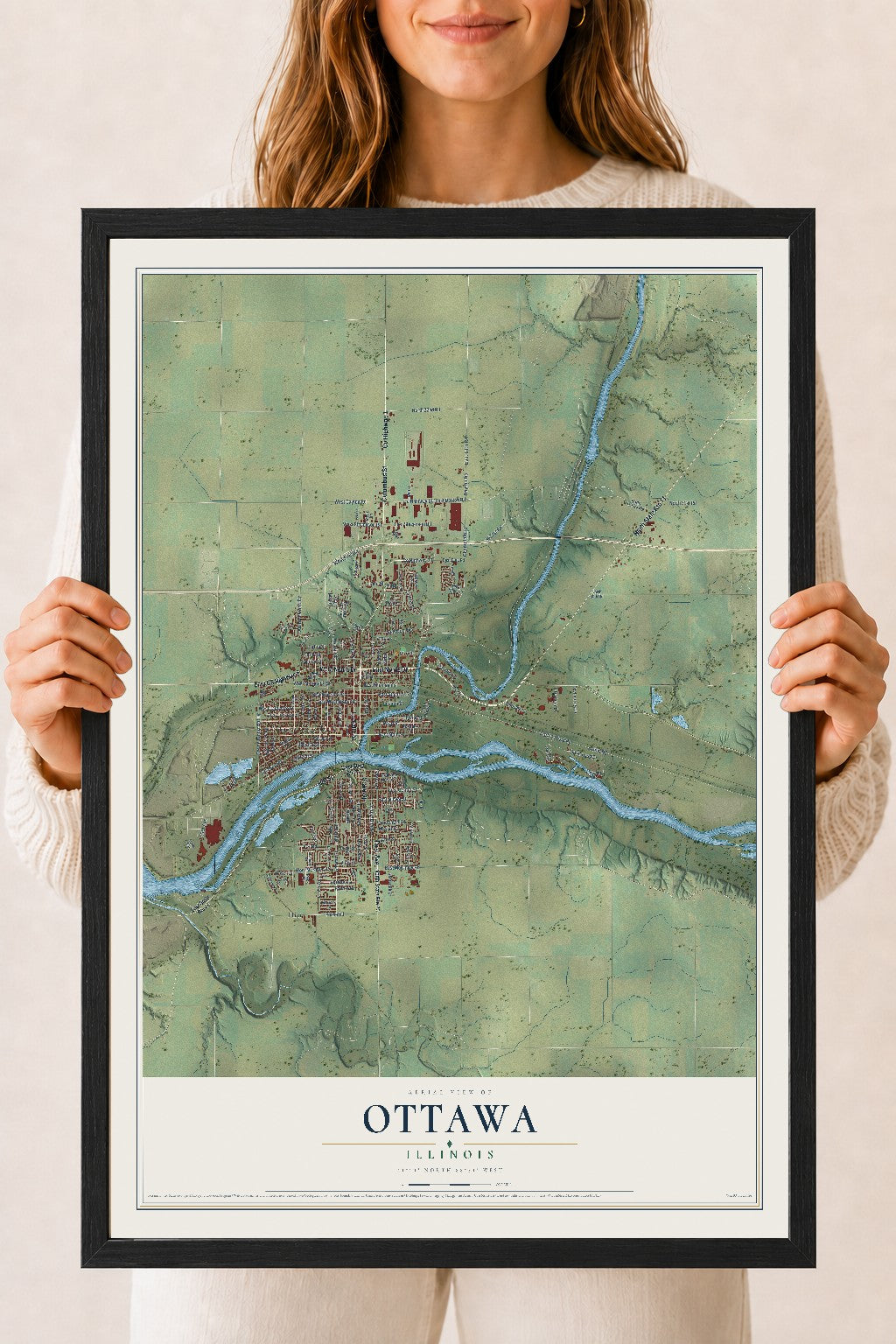 Map of Ottawa, Illinois, 18 x 24 inch print in a black wood frame