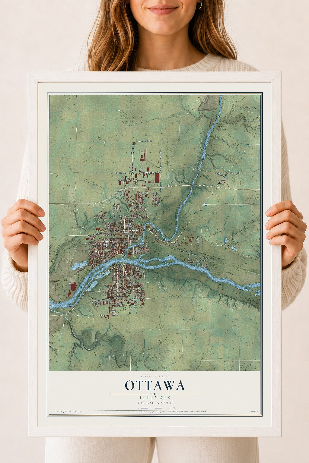 Map of Ottawa, Illinois, 18 x 24 inch print in a white wood frame