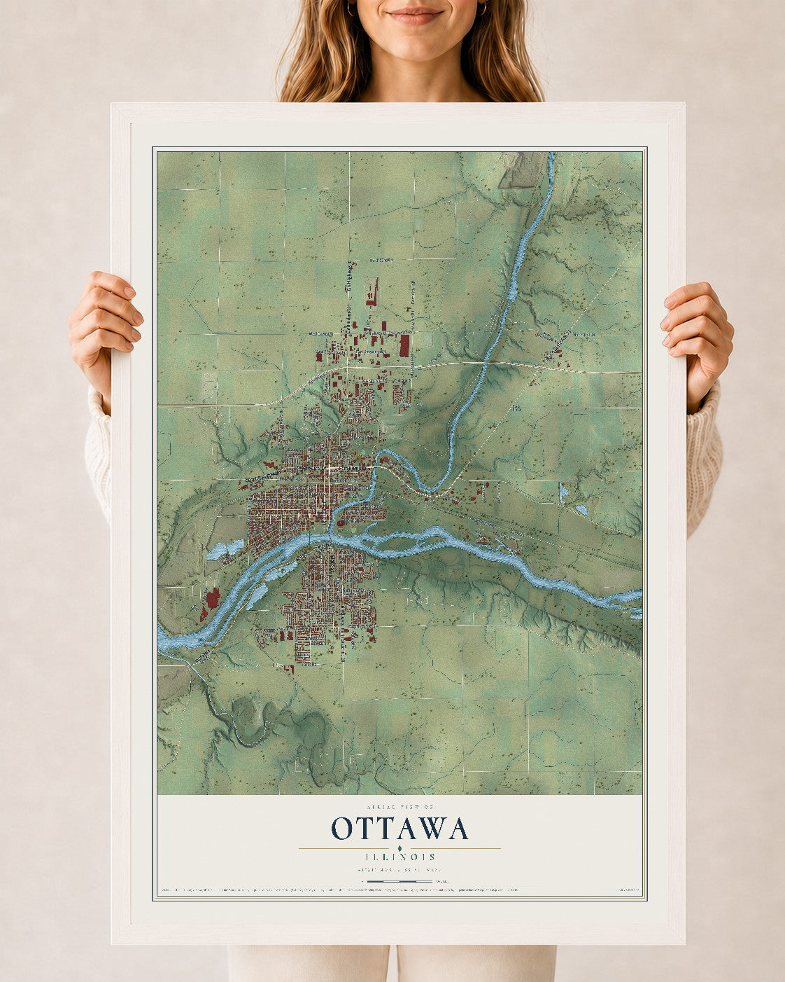 Map of Ottawa, Illinois, 24 x 36 inch print in a white wood frame