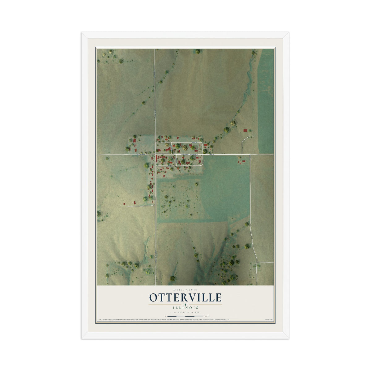 Map of Otterville, Illinois, 12 x 18 inch print in a white wood frame