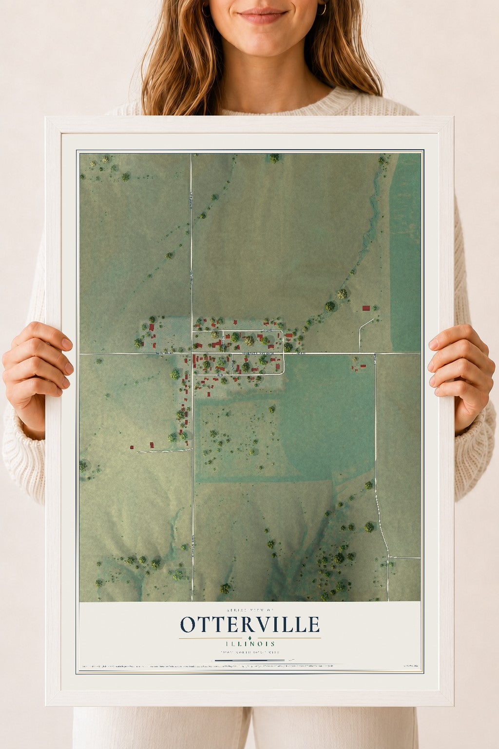 Map of Otterville, Illinois, 18 x 24 inch print in a white wood frame