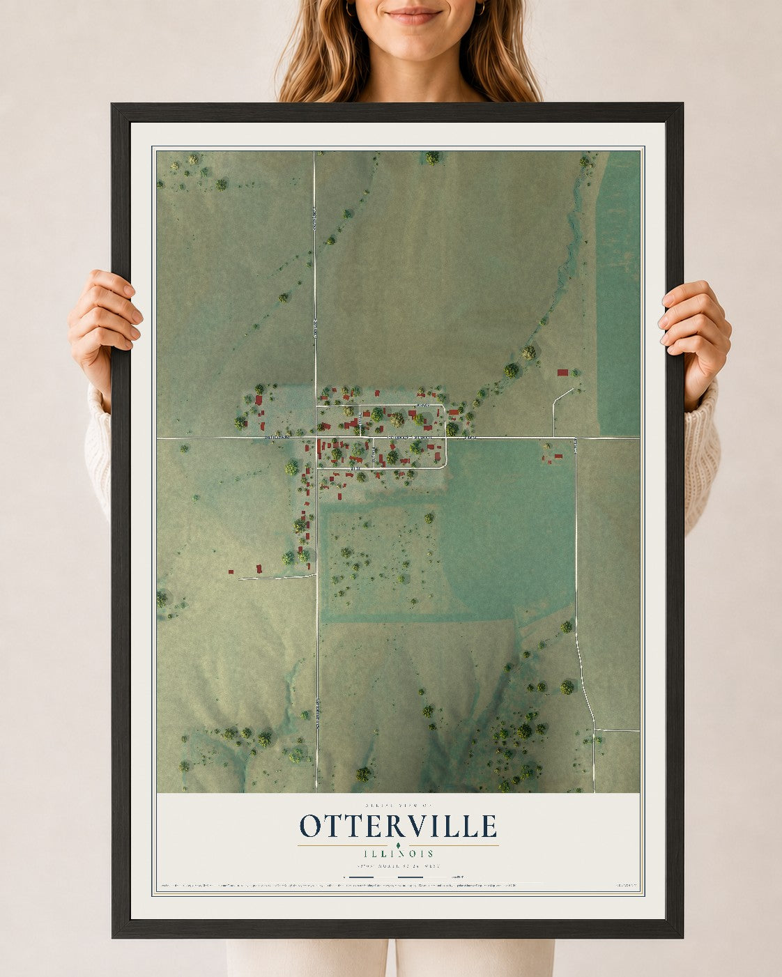 Map of Otterville, Illinois, 24 x 36 inch print in a black wood frame