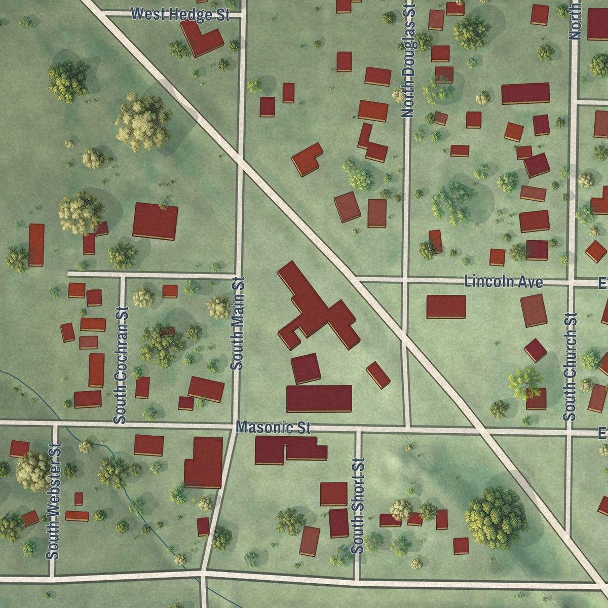 Close-up of the map of Owaneco, Illinois print showing street and building detail