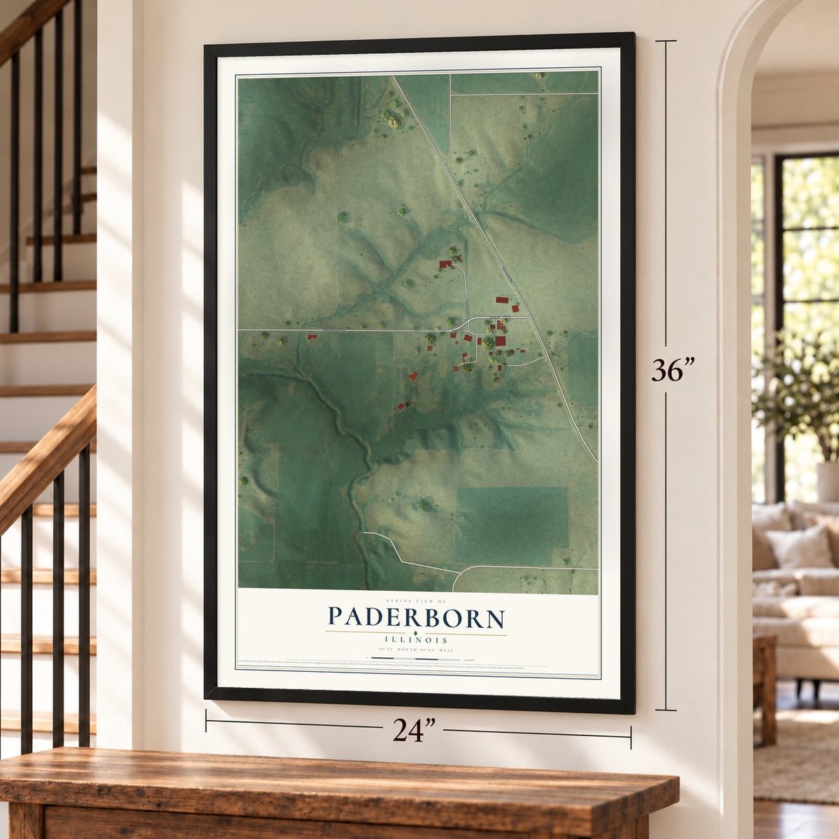 Paderborn, Illinois map, 24 x 36 inch print in a black frame by a staircase