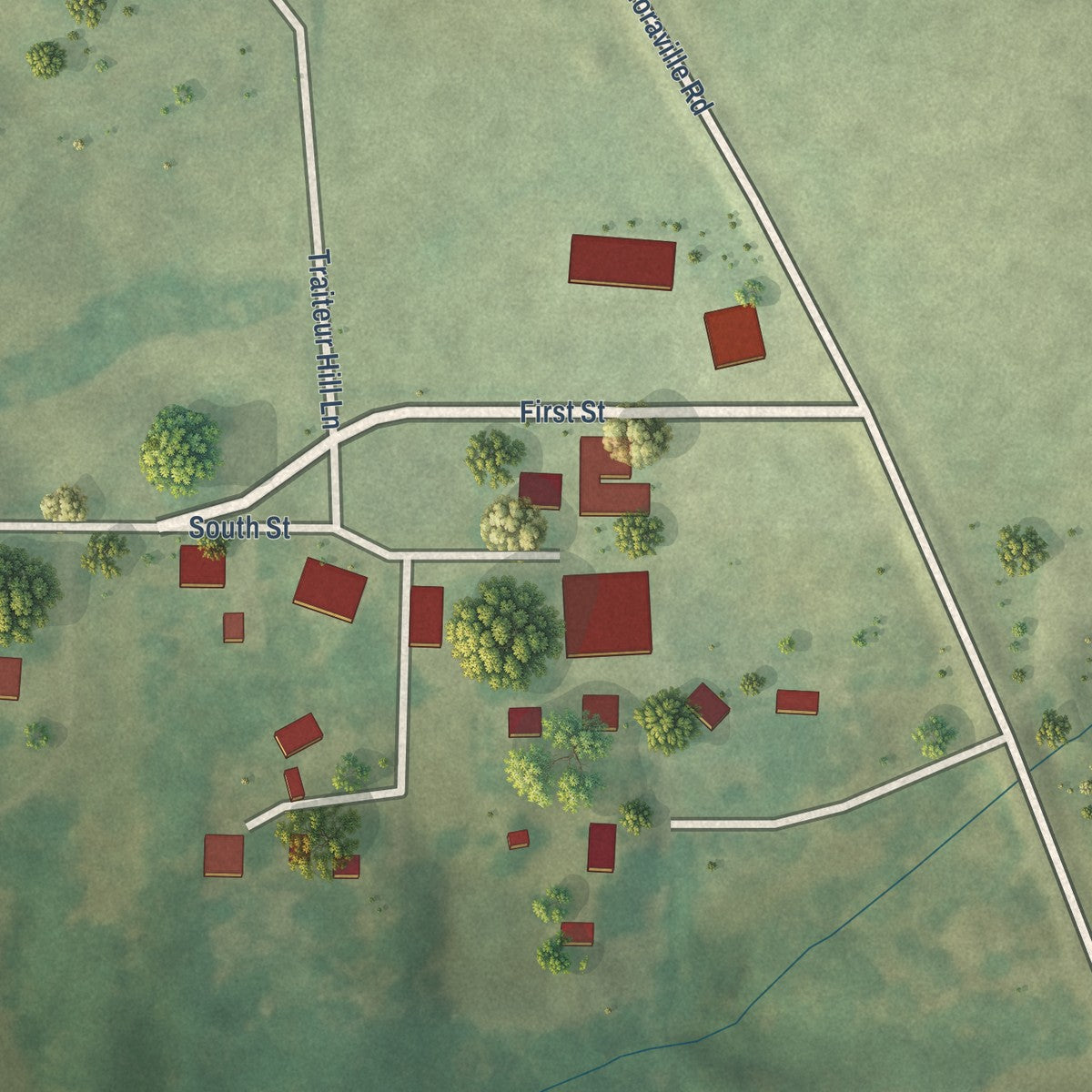 Close-up of the map of Paderborn, Illinois print showing street and building detail