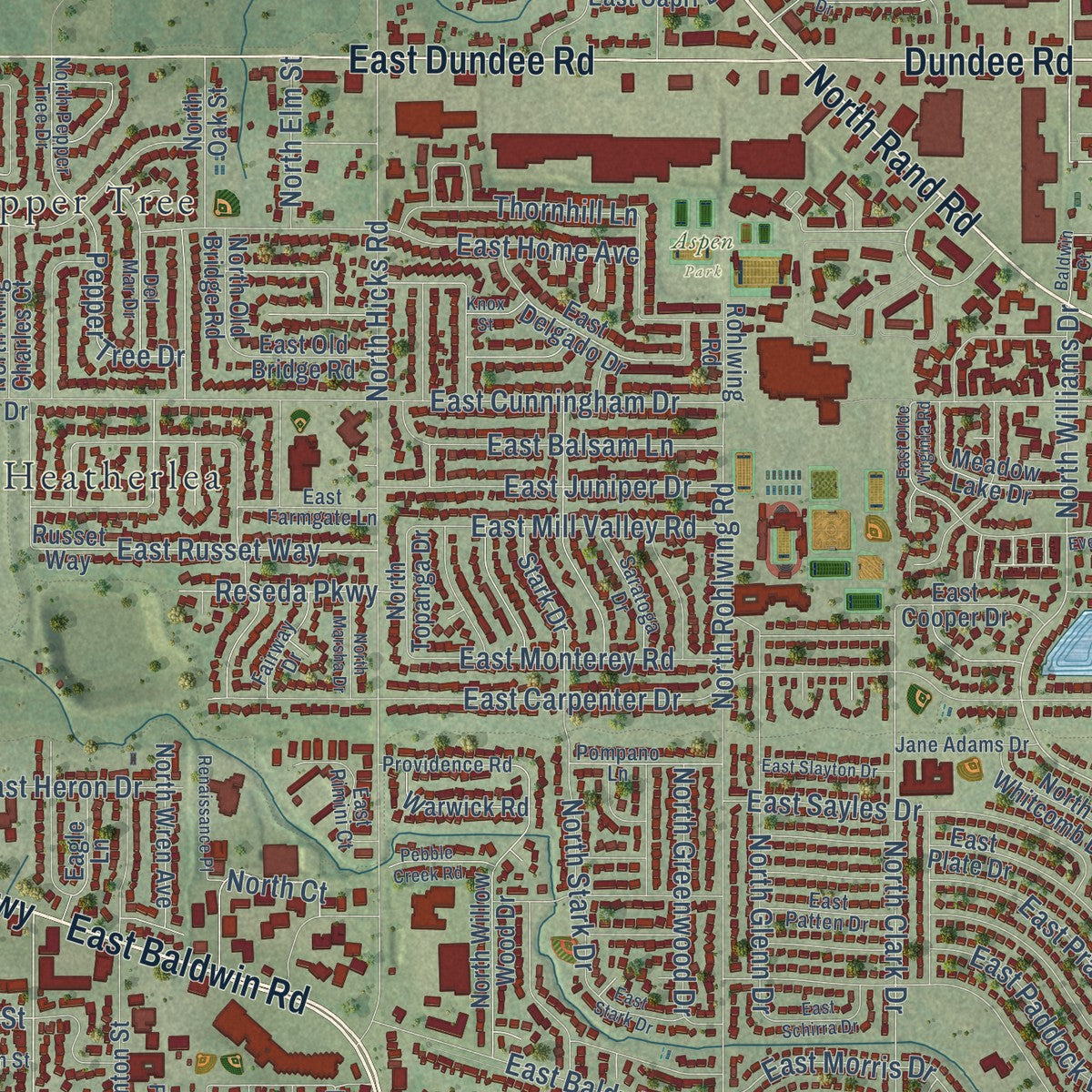 Close-up of the map of Palatine, Illinois print showing street and building detail