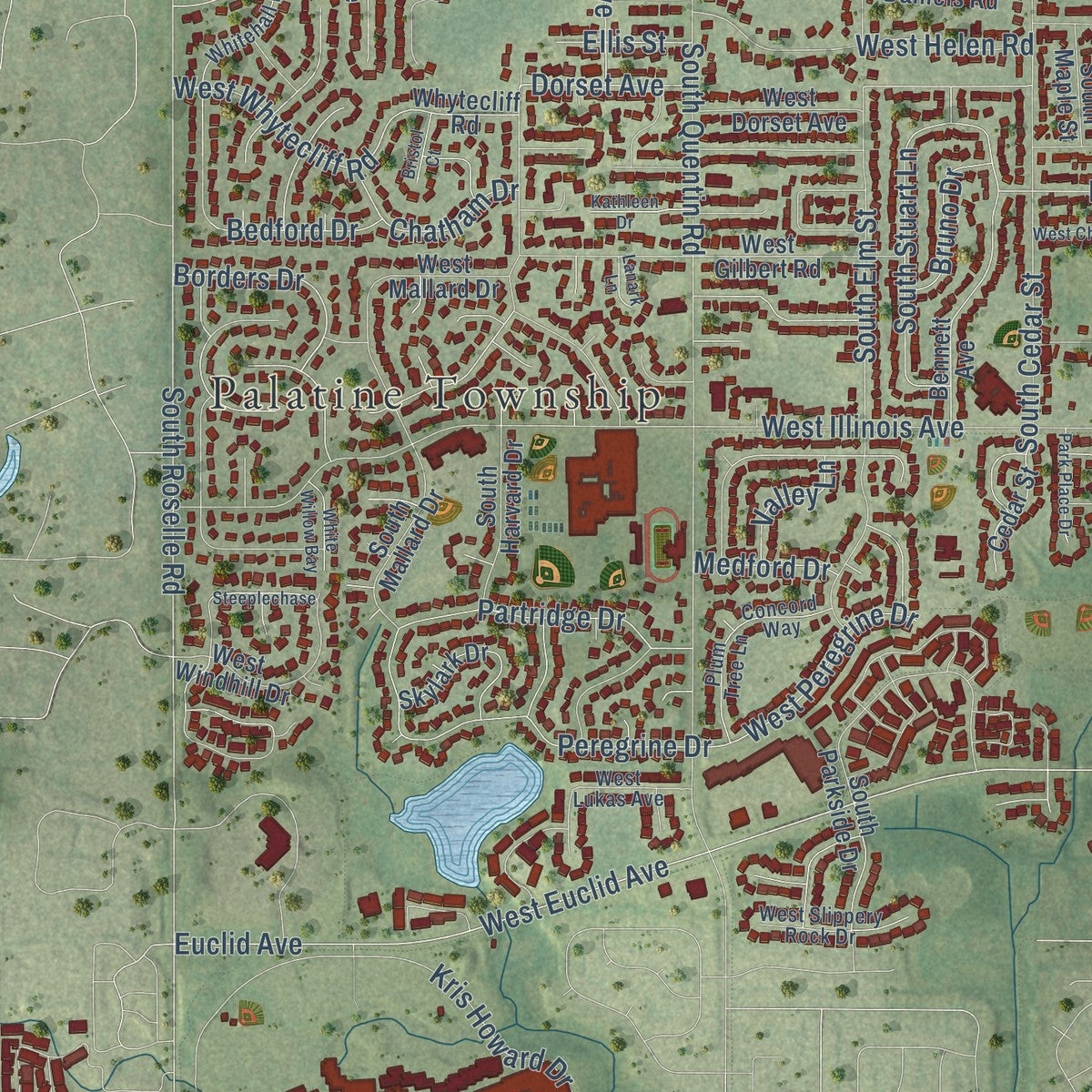 Second close-up of the map of Palatine, Illinois print showing more streets and buildings