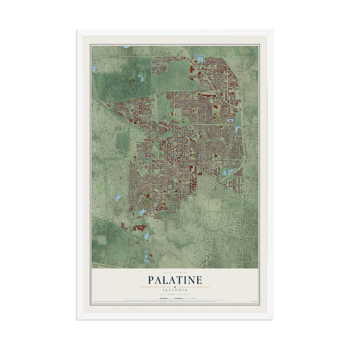 Map of Palatine, Illinois, 12 x 18 inch print in a white wood frame