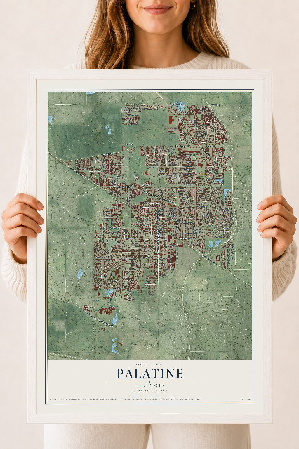 Map of Palatine, Illinois, 18 x 24 inch print in a white wood frame