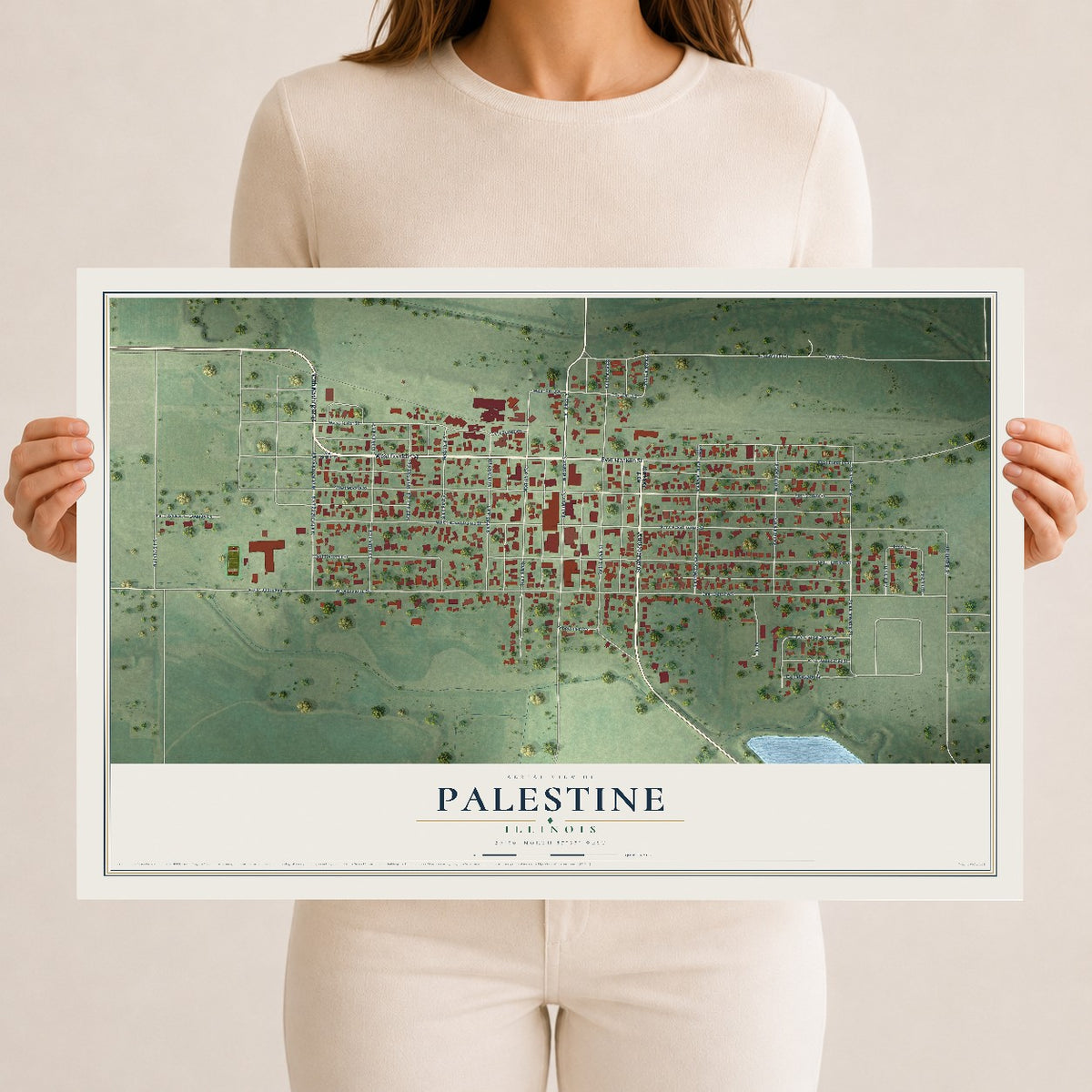 Map of Palestine, Illinois, 12 x 18 inch unframed archival matte print