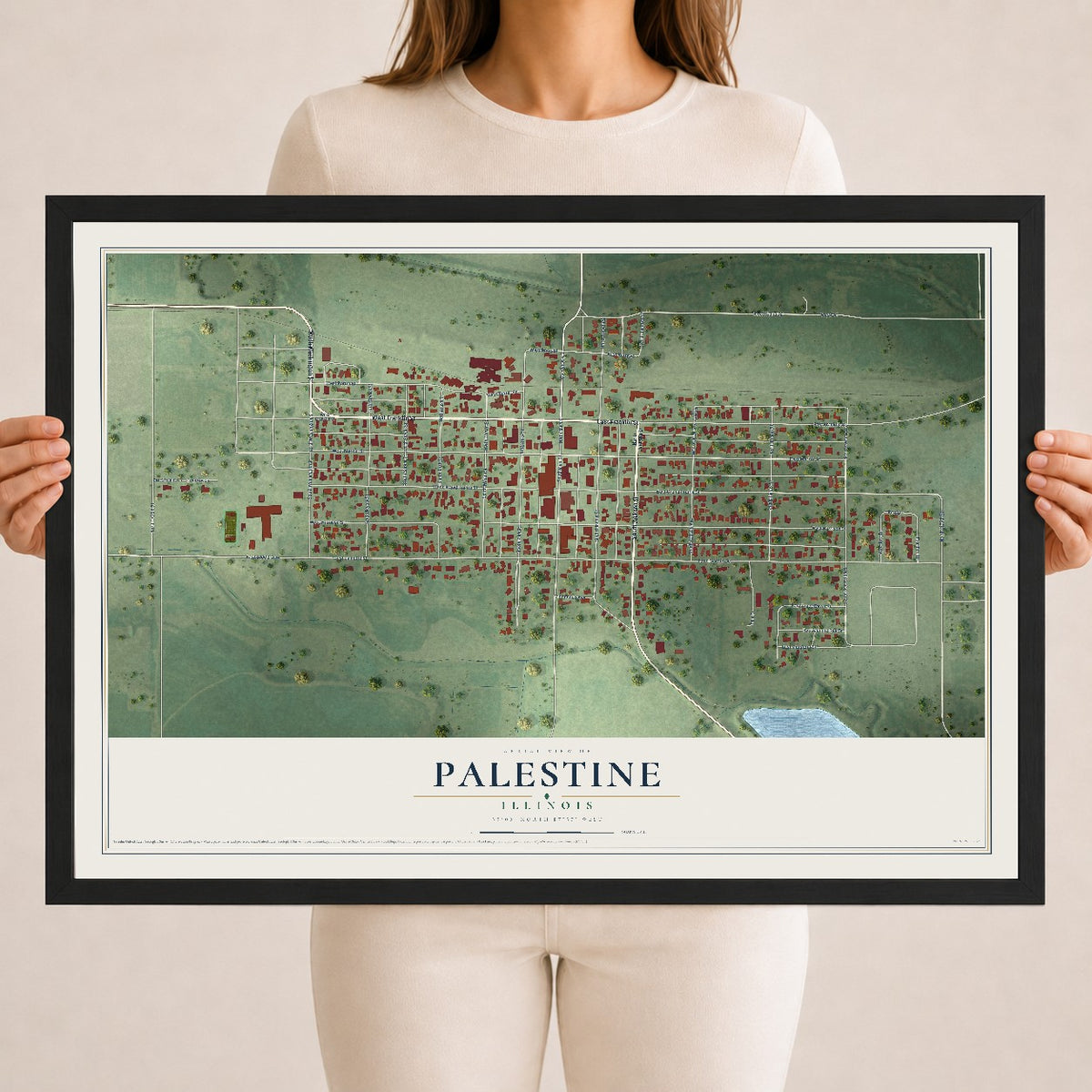 Map of Palestine, Illinois, 18 x 24 inch print in a black wood frame