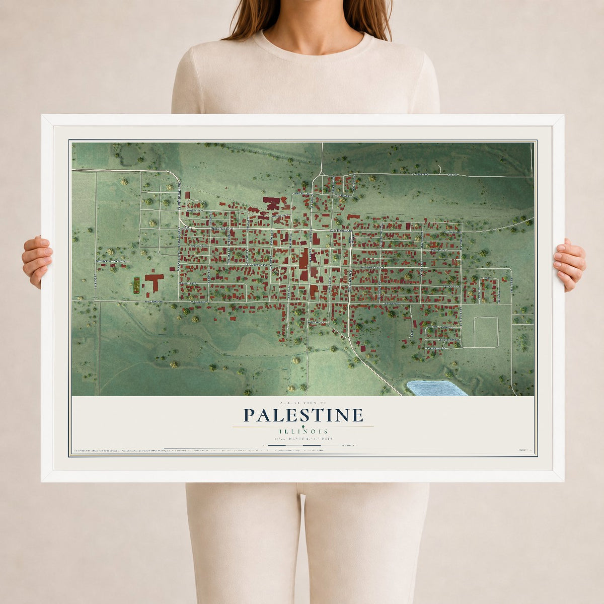 Map of Palestine, Illinois, 24 x 36 inch print in a white wood frame