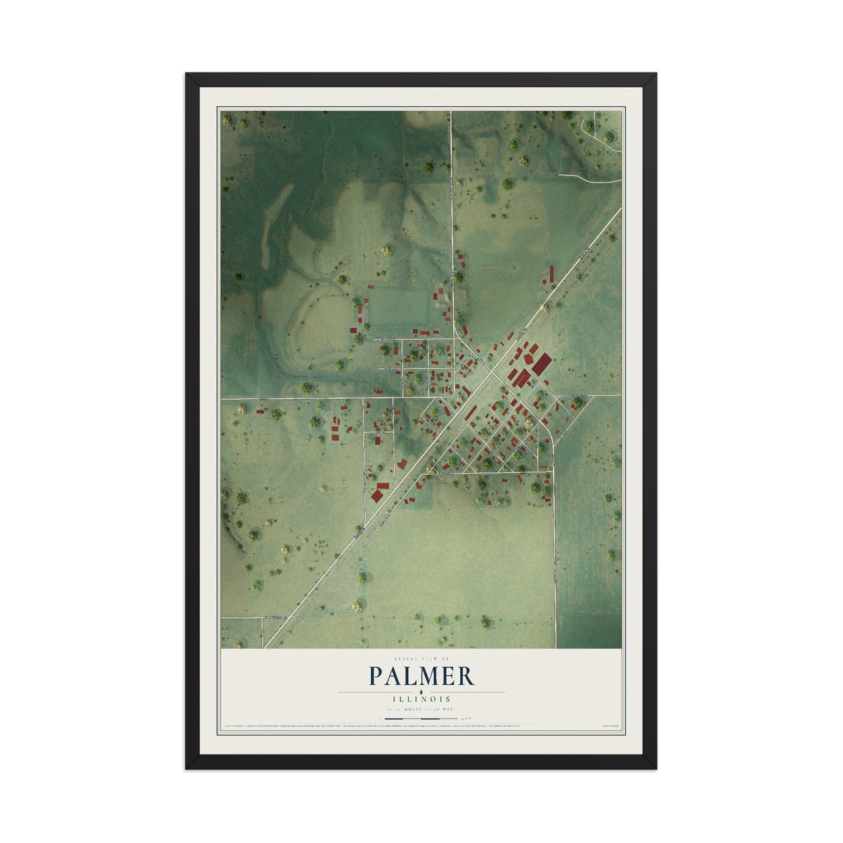 Map of Palmer, Illinois, 12 x 18 inch print in a black wood frame