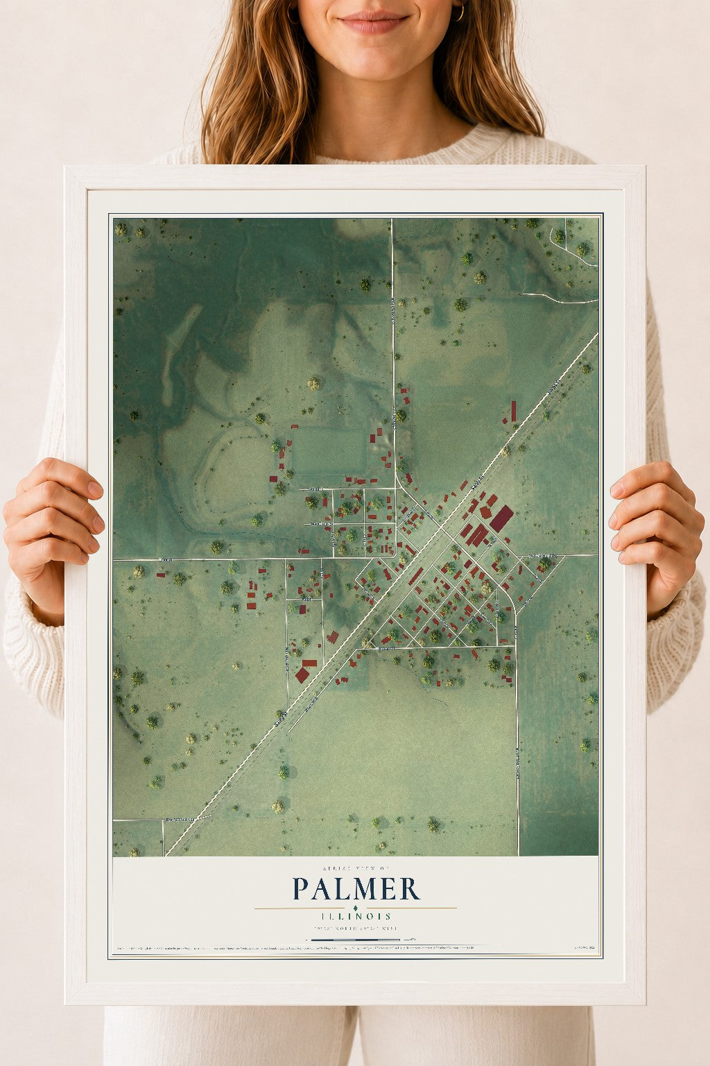 Map of Palmer, Illinois, 18 x 24 inch print in a white wood frame