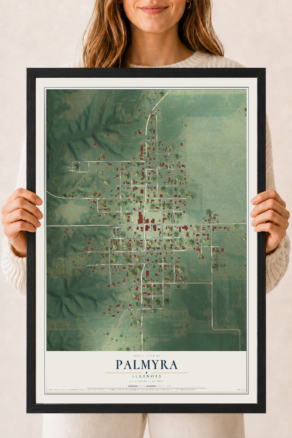 Map of Palmyra, Illinois, 18 x 24 inch print in a black wood frame