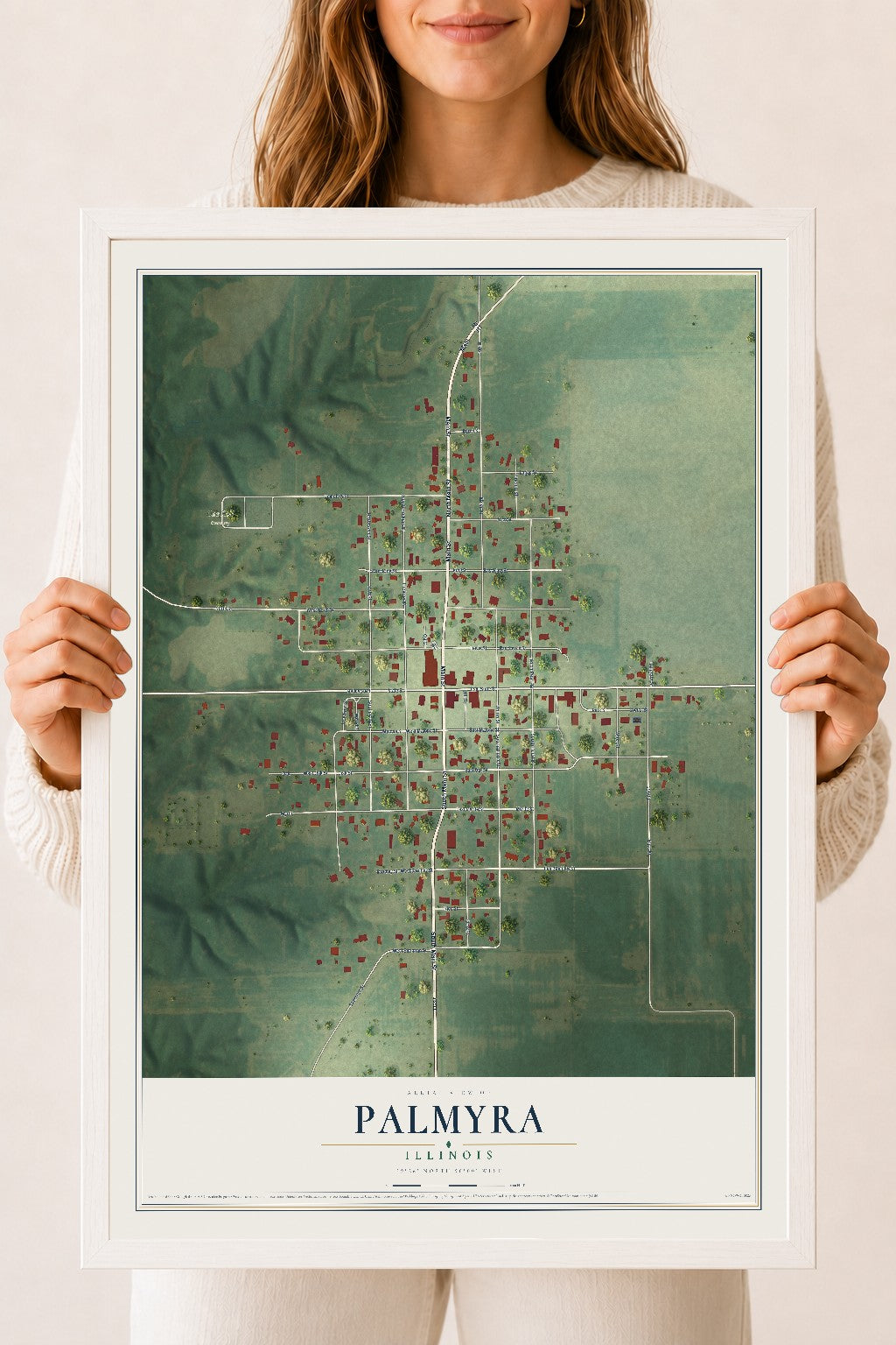 Map of Palmyra, Illinois, 18 x 24 inch print in a white wood frame