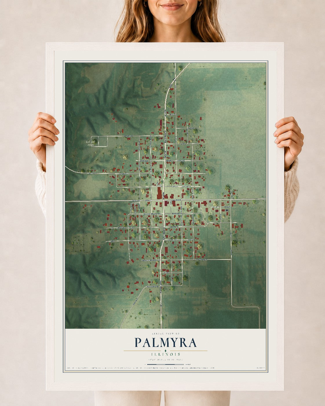Map of Palmyra, Illinois, 24 x 36 inch print in a white wood frame