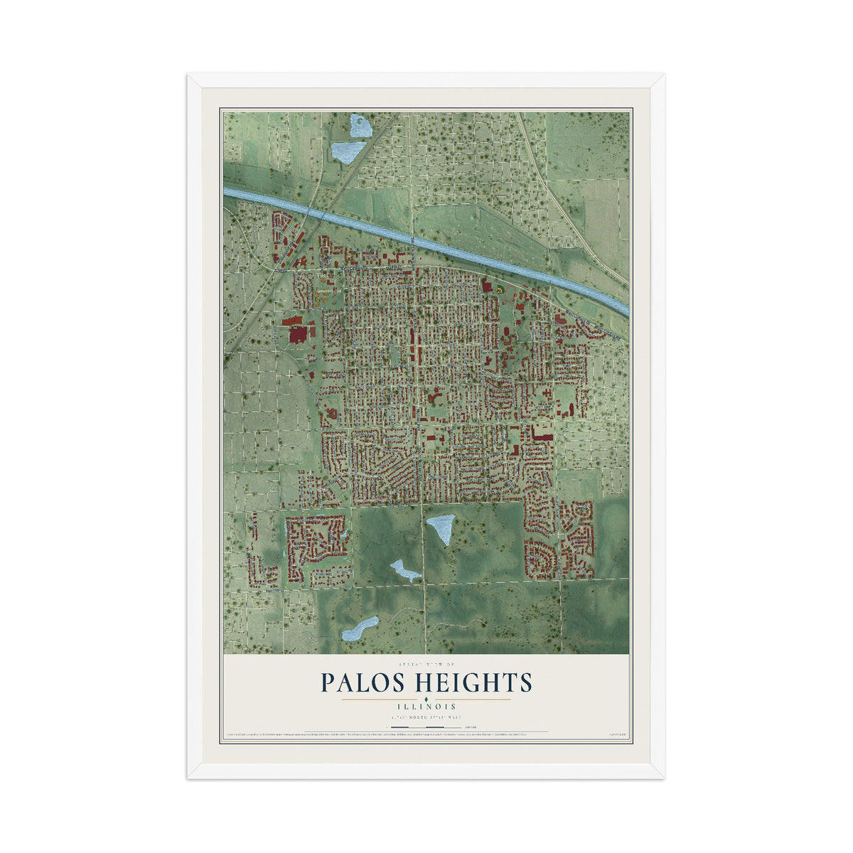 Map of Palos Heights, Illinois, 12 x 18 inch print in a white wood frame