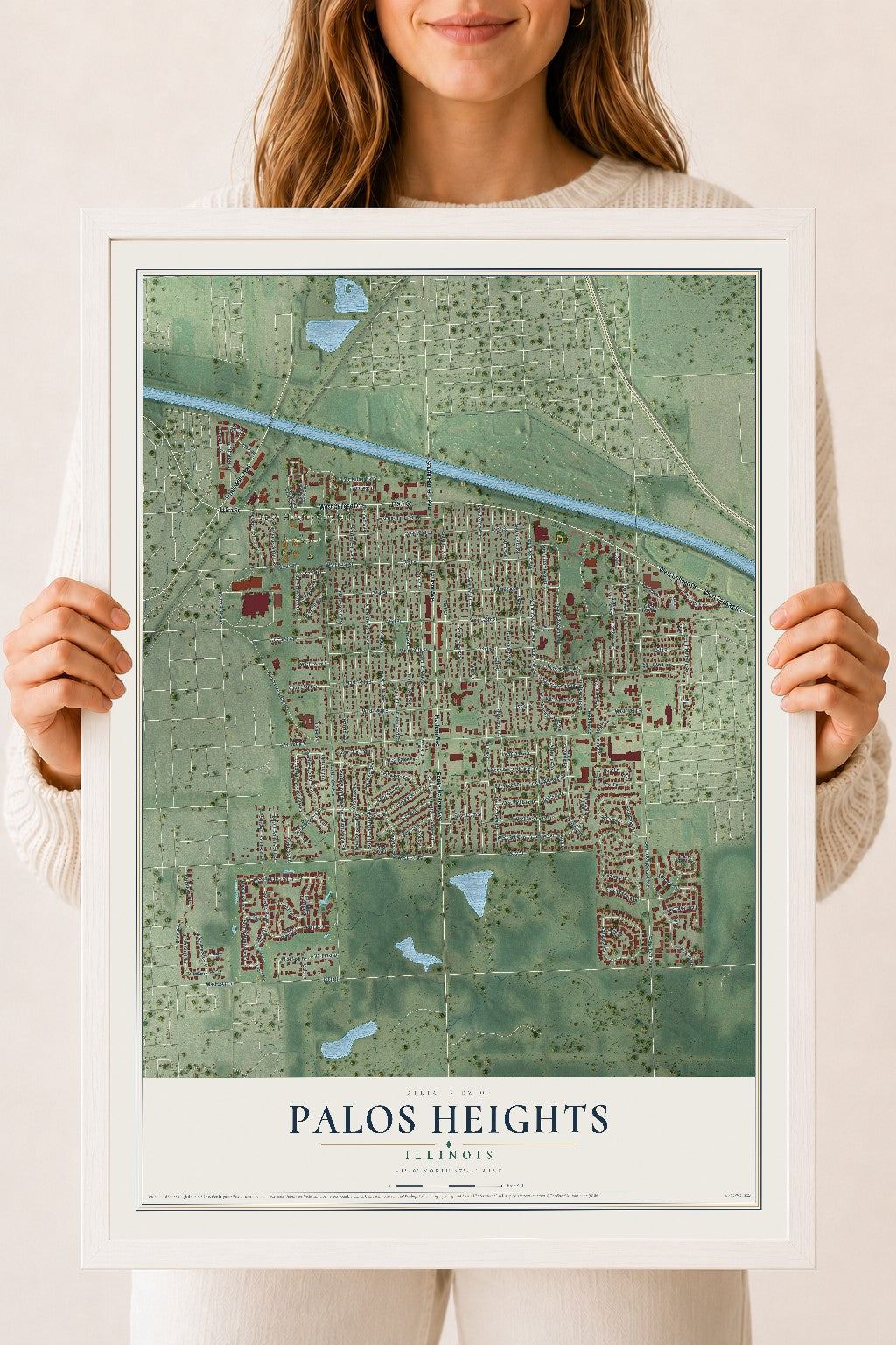 Map of Palos Heights, Illinois, 18 x 24 inch print in a white wood frame