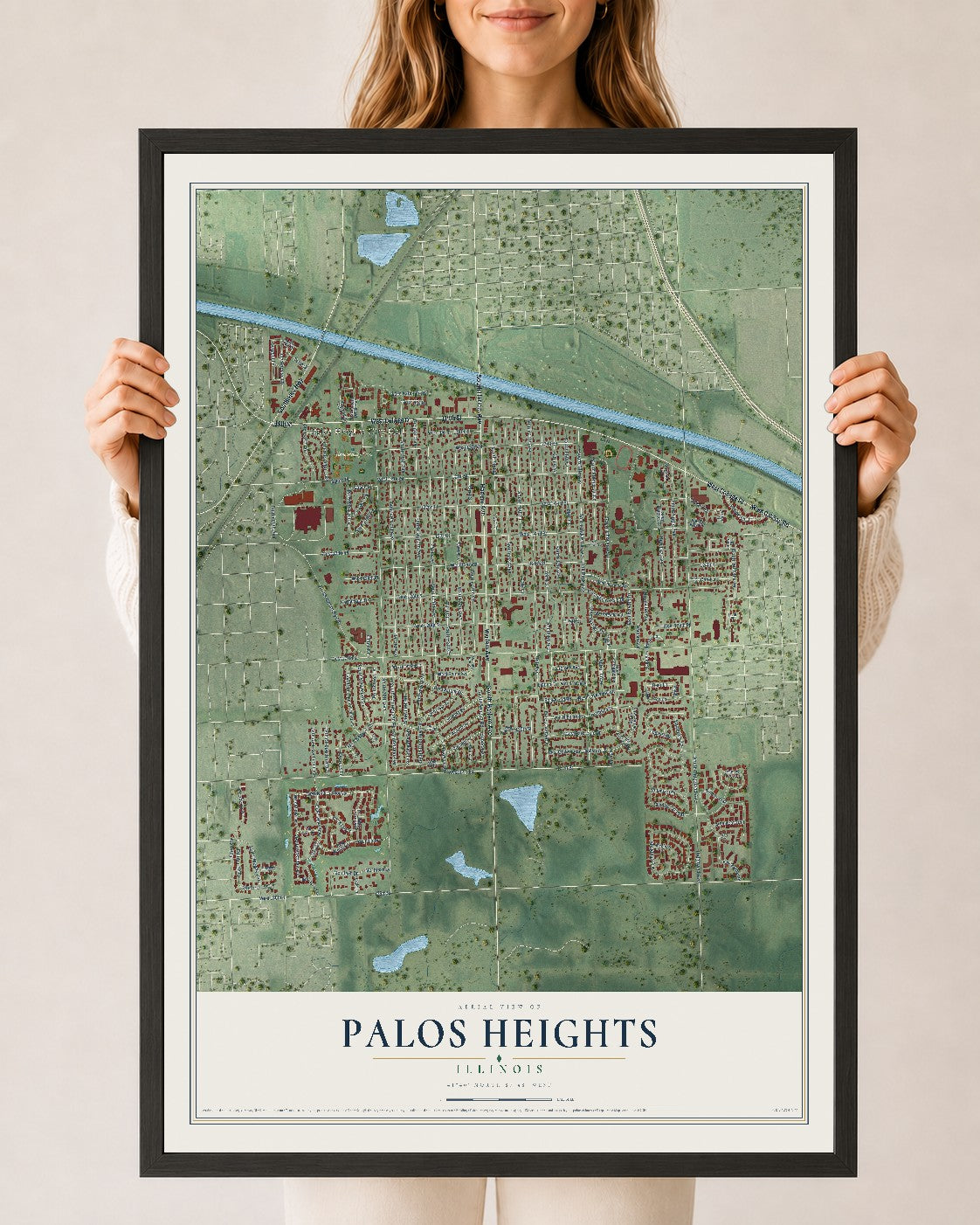 Map of Palos Heights, Illinois, 24 x 36 inch print in a black wood frame