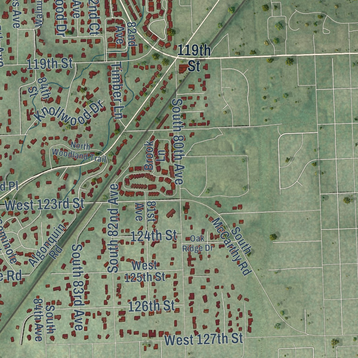 Close-up of the map of Palos Park, Illinois print showing street and building detail