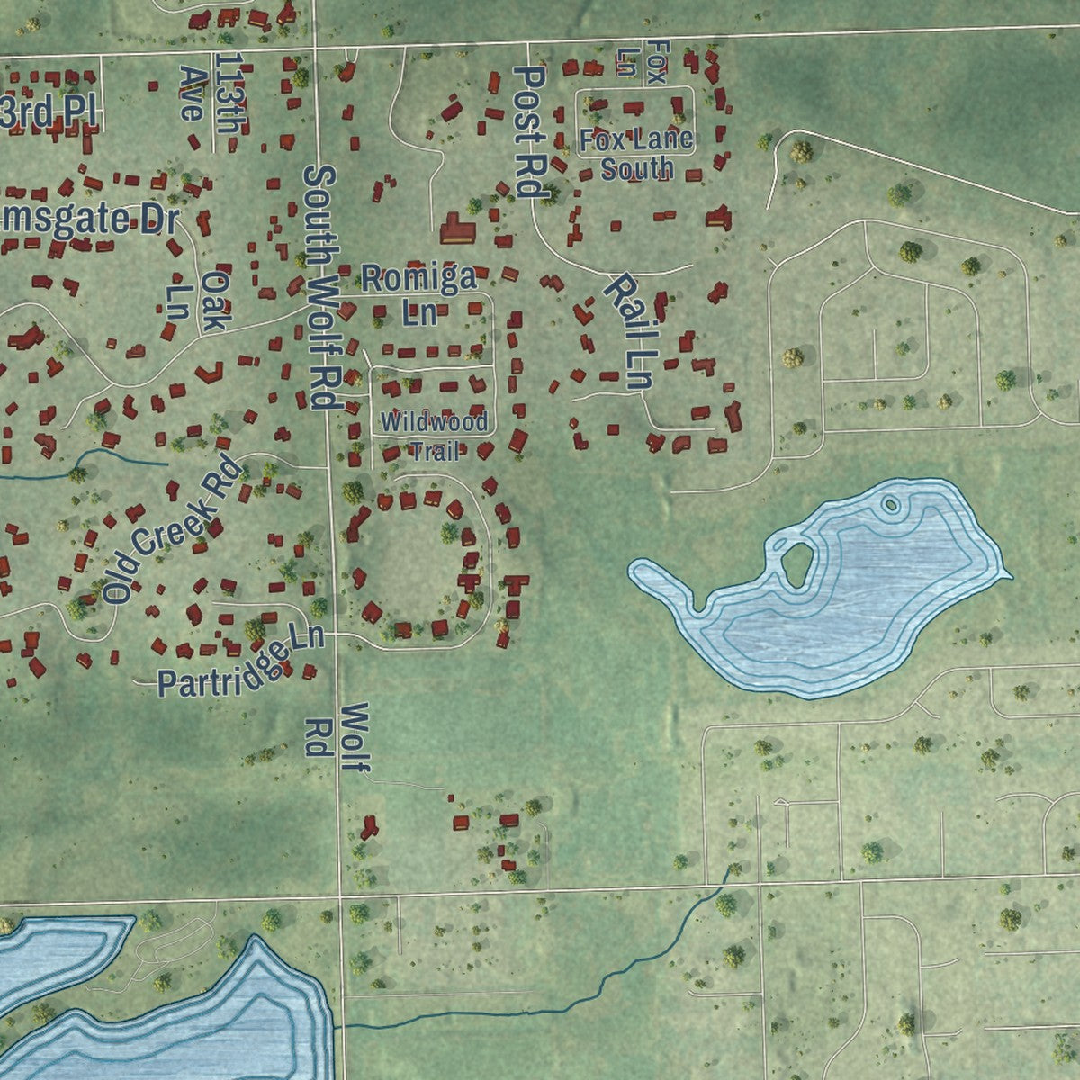 Second close-up of the map of Palos Park, Illinois print showing more streets and buildings