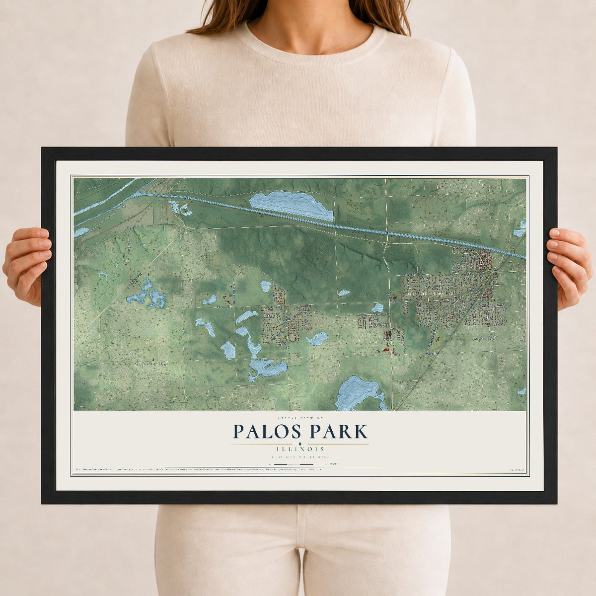 Map of Palos Park, Illinois, 12 x 18 inch print in a black wood frame