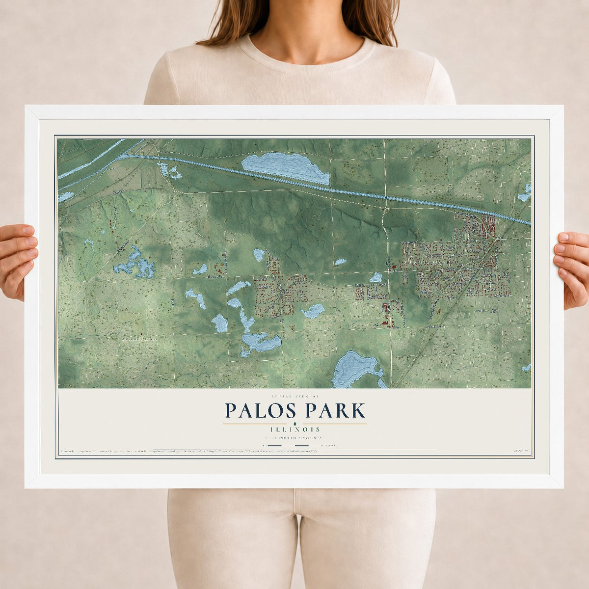Map of Palos Park, Illinois, 18 x 24 inch print in a white wood frame