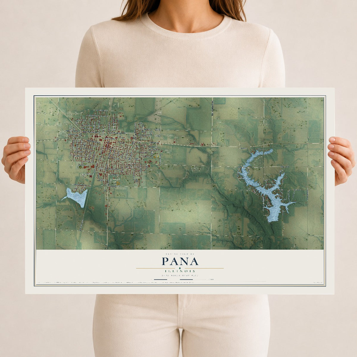 Map of Pana, Illinois, 12 x 18 inch unframed archival matte print
