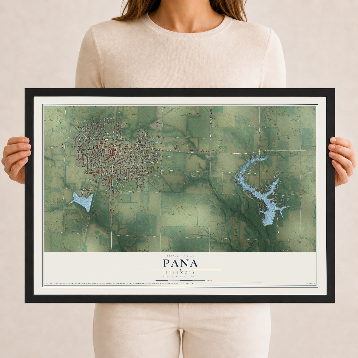 Map of Pana, Illinois, 12 x 18 inch print in a black wood frame