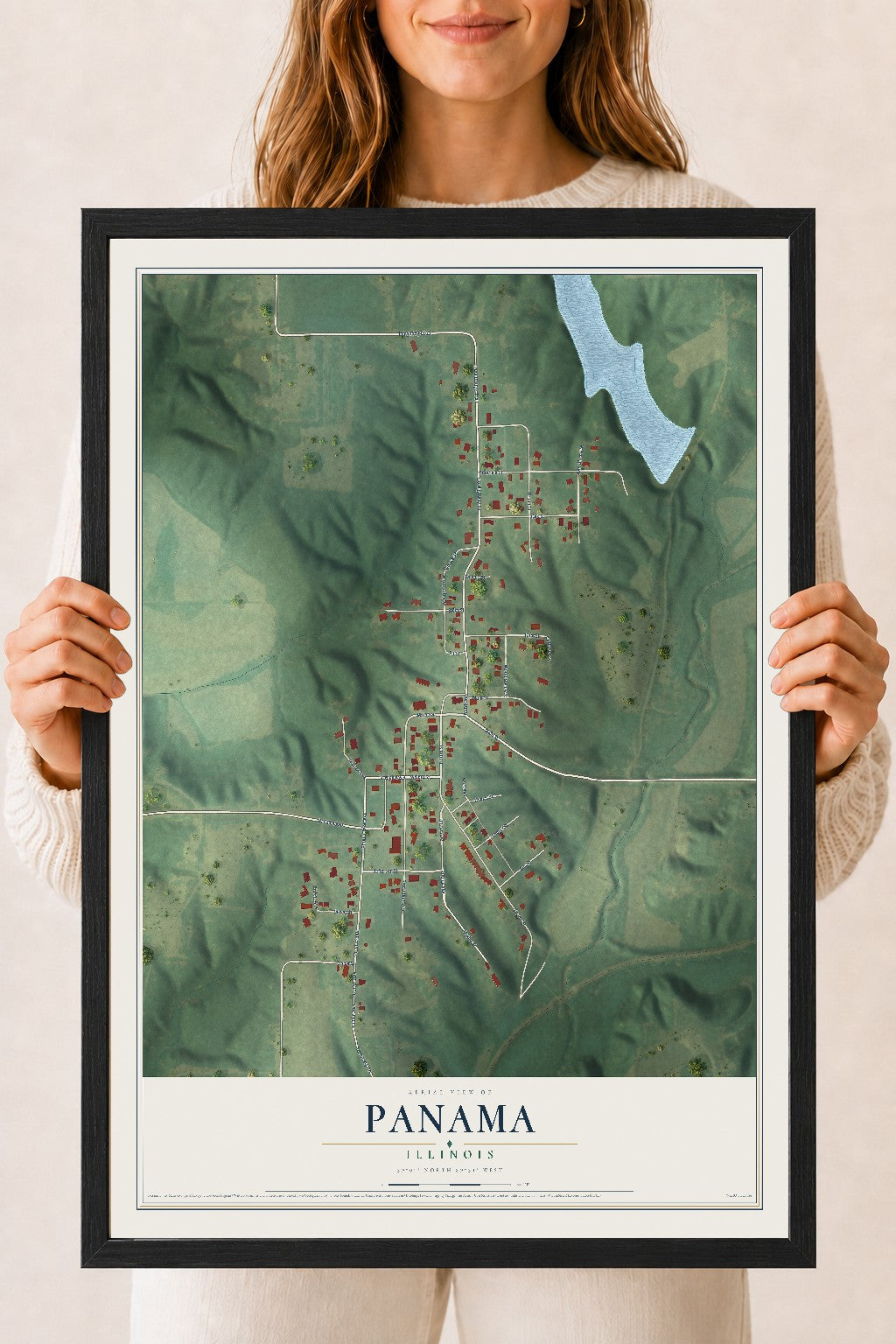 Map of Panama, Illinois, 18 x 24 inch print in a black wood frame