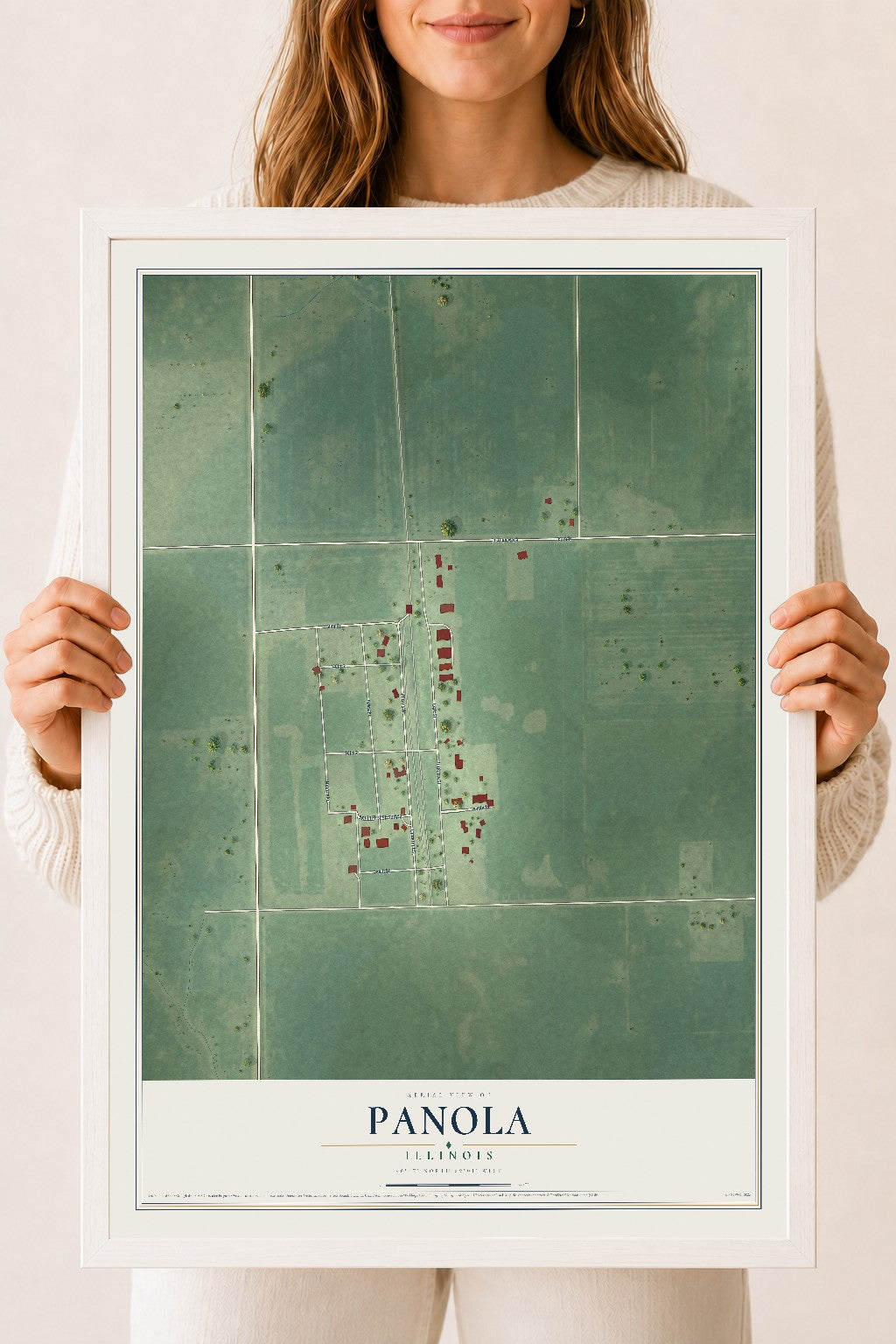 Map of Panola, Illinois, 18 x 24 inch print in a white wood frame