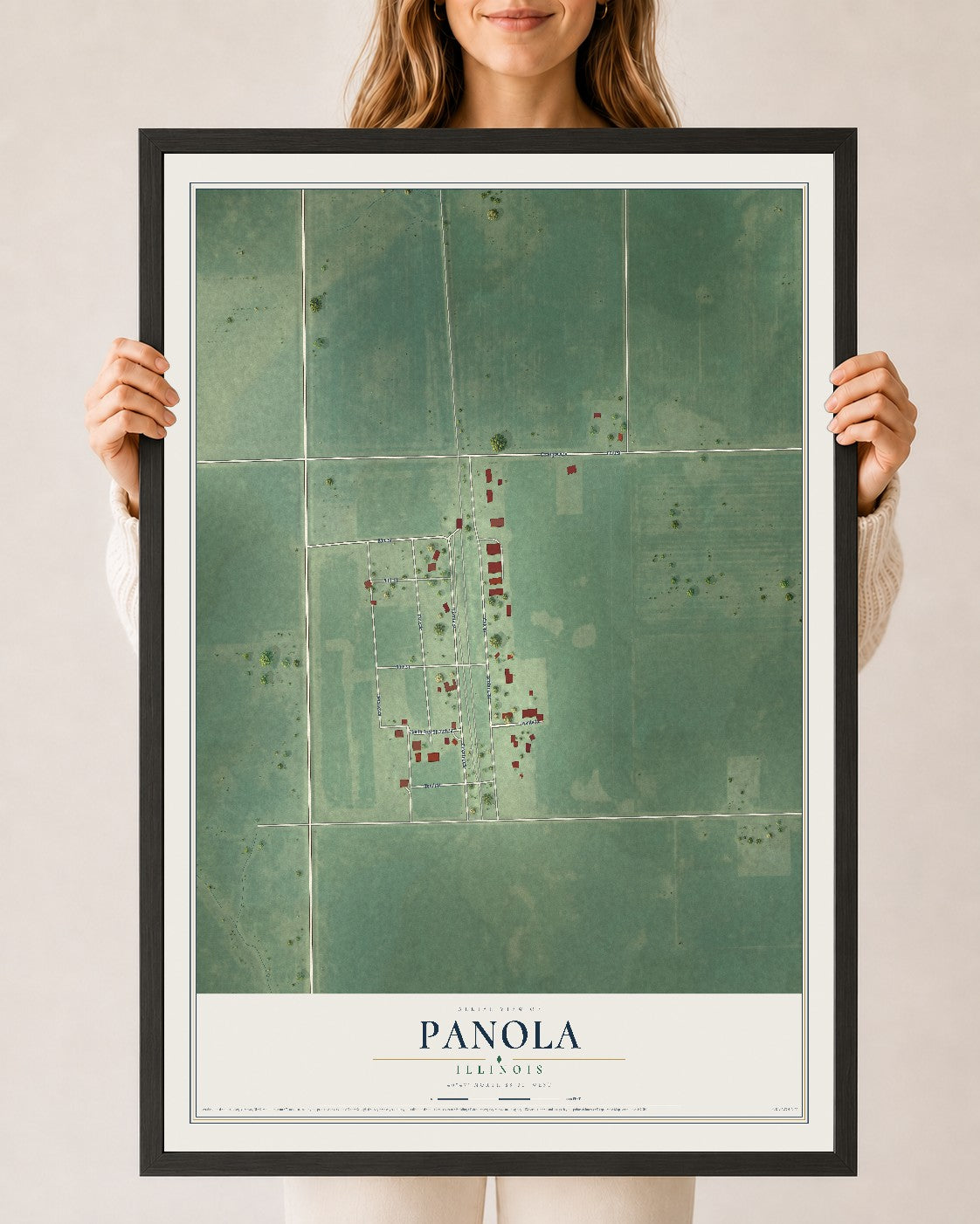 Map of Panola, Illinois, 24 x 36 inch print in a black wood frame