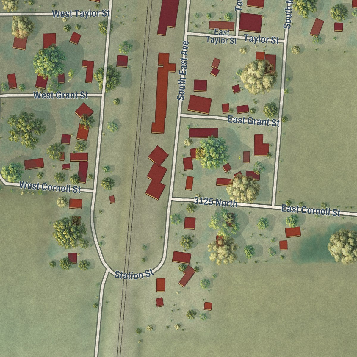 Close-up of the map of Papineau, Illinois print showing street and building detail