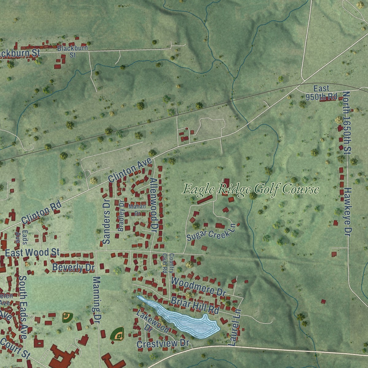 Second close-up of the map of Paris, Illinois print showing more streets and buildings
