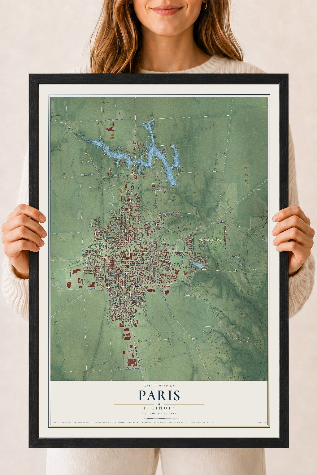 Map of Paris, Illinois, 18 x 24 inch print in a black wood frame