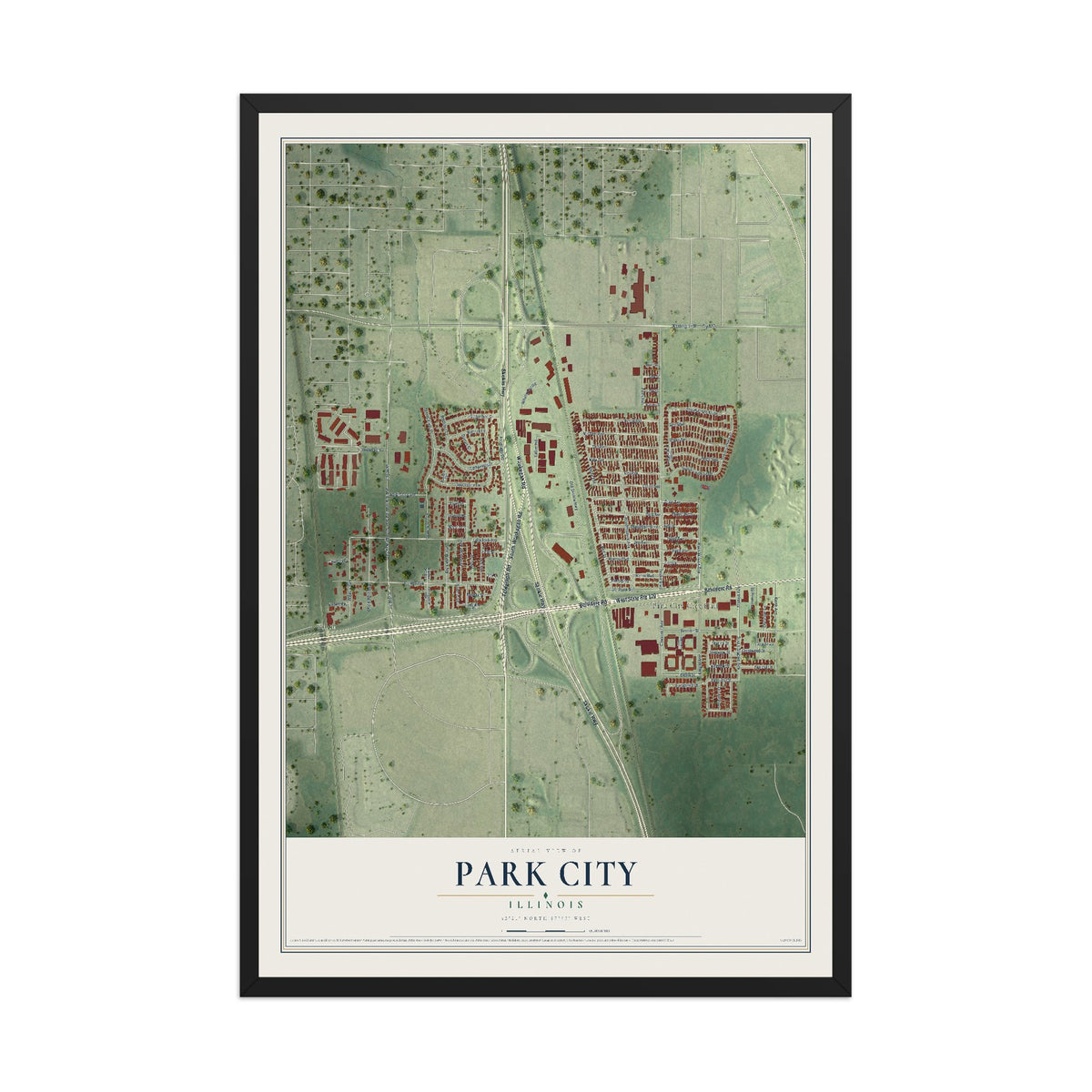 Map of Park City, Illinois, 12 x 18 inch print in a black wood frame