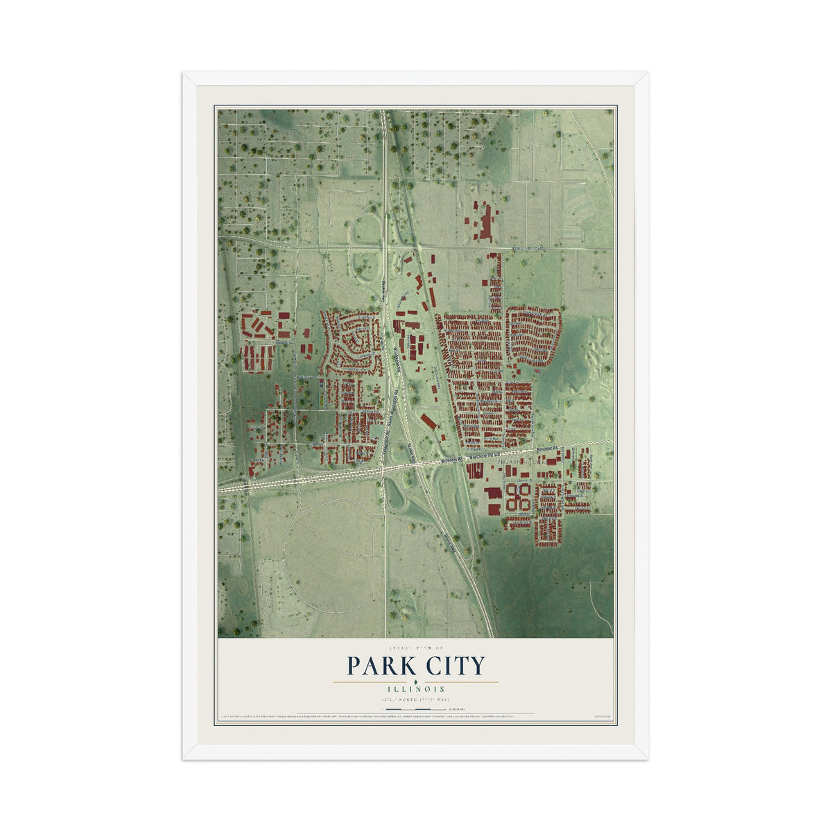 Map of Park City, Illinois, 12 x 18 inch print in a white wood frame