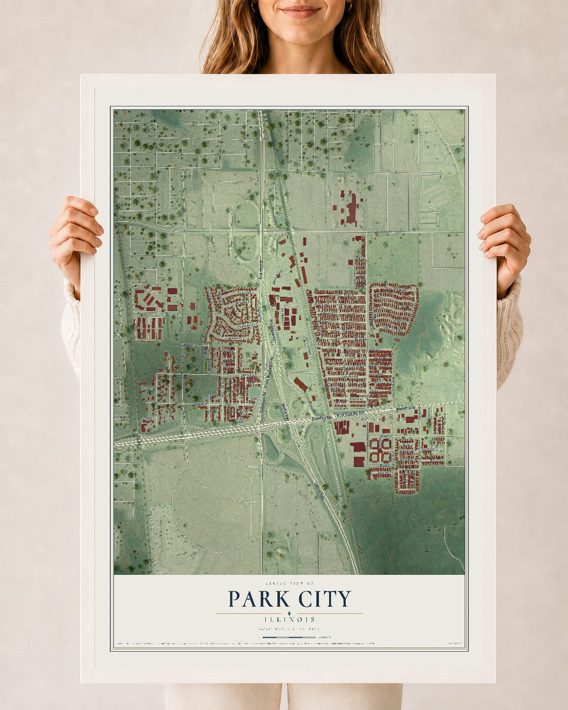 Map of Park City, Illinois, 24 x 36 inch print in a white wood frame